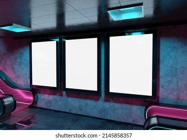 Three Blank Billboards On Underground Subway Wall Mockup. Hoardings Advertising Triptych In Glowing Neon Lights Interior 3D Rendering