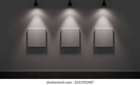 Three blank canvas illuminated dramatically in a modern art gallery with a white wall and a gray carpet. The minimalist space and lighting aim to create a perfect environment for exhibiting art. - Powered by Shutterstock - Get 15% off with code: PIKWIZARD15
