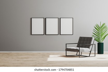 Three blank empty vertical frame mock up in empty room with gray armchair and green plant, empty gray wall and wooden floor, gray room interior background, scandinavian style, 3d render