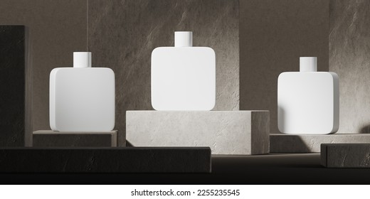 Three blank flacons standing on stone platform on grey concrete background. Concept of fragrance and perfume. Mockup for product display. 3D rendering - Powered by Shutterstock