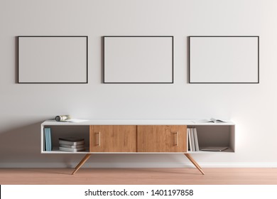 Three Blank Horizontal Posters Mock Up With Black Frame On The Wall Above The Cabinet In Living Room Interior. 3d Illustration