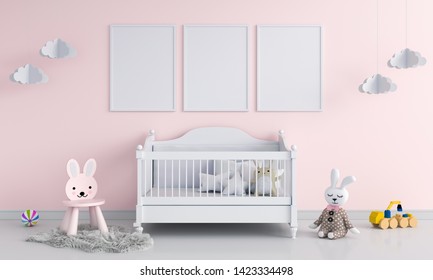 Three Blank Photo Frame For Mockup In Child Room, 3D Rendering