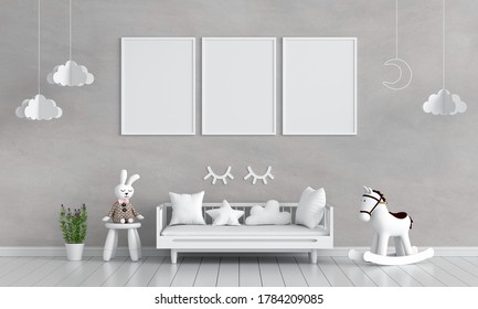 Three Blank Photo Frame For Mockup In Child Room, 3D Rendering