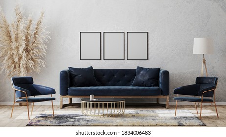 Three blank poster frames on gray wall mockup in modern luxury interior design with dark blue sofa, armchairs near cofee table, fancy rug on wooden floor, 3d rendering