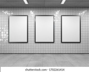 Three Blank Poster In Public Place. Vertical Light Box Mockup On Subway Station. 3D Rendering.