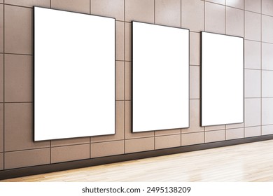 Three blank posters are displayed on a modern tiled wall in a corridor with a wooden floor. Concept of advertising or exhibition. 3D Rendering