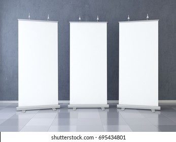 Three Blank Roll Up Banner Display. Template Mockup. 3d Render