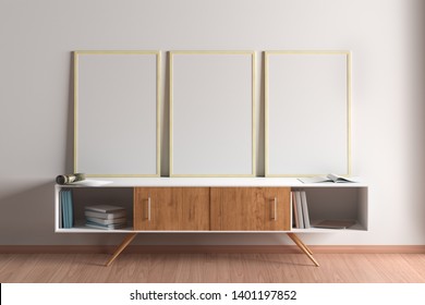 Three Blank Vertical Posters Mock Up With Wooden Frame On Cabinet In Living Room Interior. 3d Illustration