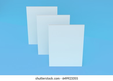 Three blank white closed brochure mock-up on blue background. Magazine cover template. 3D rendering illustration