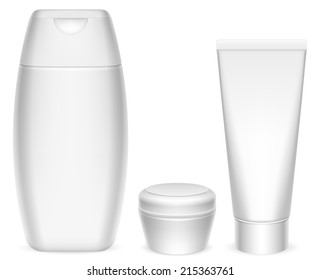 Three blank white cosmetics containers.