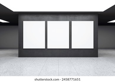 Three blank white frames hanging on dark wall in an exhibition space, modern gallery interior with terrazzo flooring, concept of art display. 3D Rendering