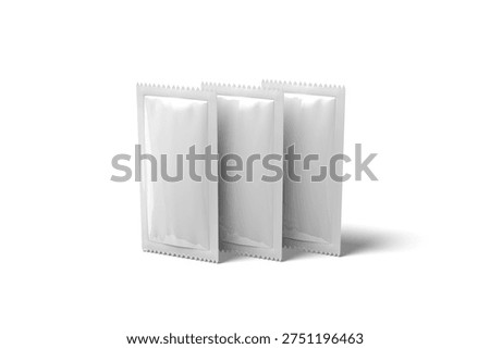 Three Blank White Sachet Packets Standing Upright Row Isolated, 3D Illustration