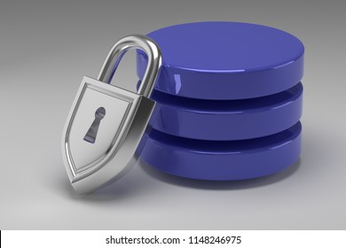 Three blue disks in stack and locked steel padlock. Data or database under protection. Concept of data security. 3D render