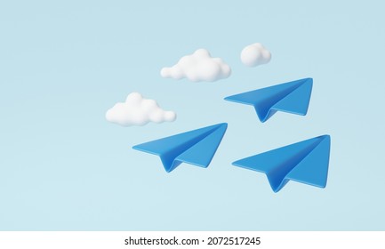 Three Blue Paper Airplane With Clouds Minimal Cartoon Cute Smooth. Creative Vision Leadership Concept. 3d Render Illustration