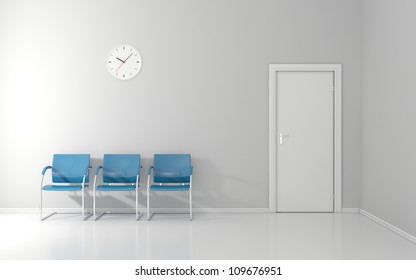 Three Blue Stools And Wall Clock In The Waiting Room