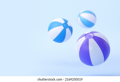 Three Bouncing Beach Balls On A Blue Background. 3d Rendering