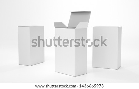 Three Box Packages From Various Angles. Isolated White Box Products. 3D render