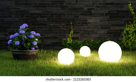 Three bright solar light balls light up the garden at night (3d rendering)