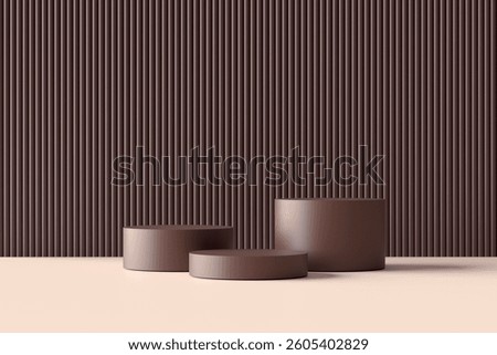 Three brown cylindrical podiums of different sizes are placed on a beige surface against a brown grooved background, creating a minimalist and elegant display. 3D render.