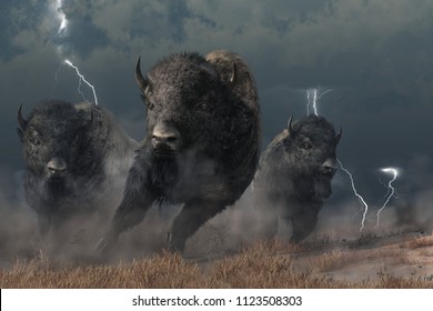 Three buffalo stampede across the North American prairie. Driven by the flashing lightning and booming thunder of a storm, these bison raise a cloud of dust as they run.  3D Rendering