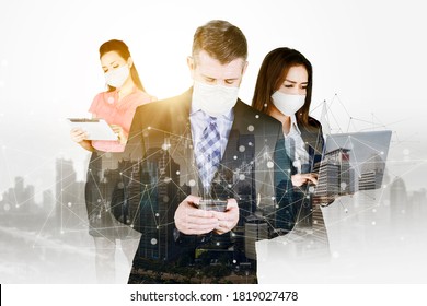 Three Business People Wearing Face Mask While Using Digital Device With Double Exposure Of Network Connection Background