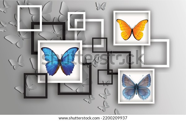 Three Butterflies in the Boxes .3d wallpaper design