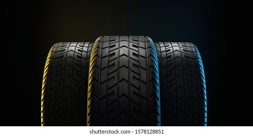 Three Car Tires Lined Up. 3d Illustration