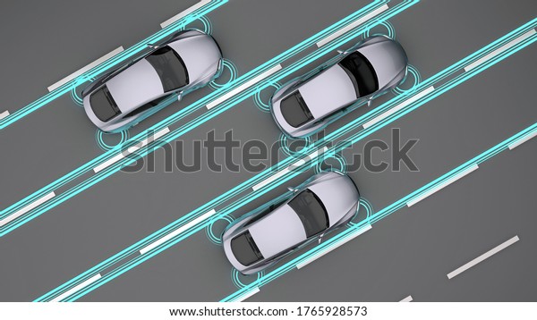three\
cars with sensors on road top view. 3d\
rendering