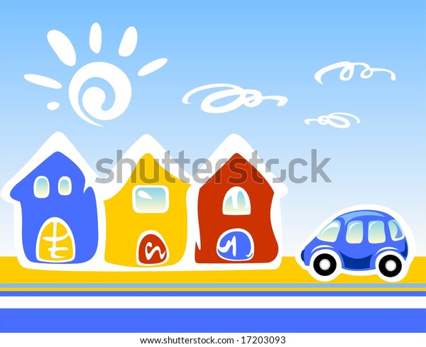 Three\
cartoon houses and the car on a  blue\
background.