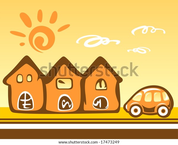 Three\
cartoon houses and the car on a yellow\
background.