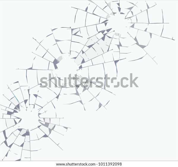 Three cartoon style bullet holes in a window with\
shattering glass.