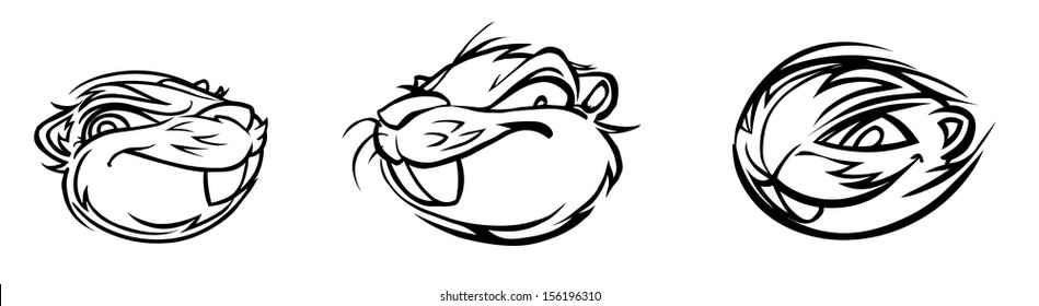 Three Cartoon Stylized Beaver Heads. Outline Version.