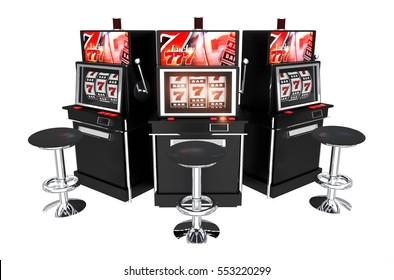Three Casino Slot Machines Isolated on White Background. Slots 3D Render Illustration.