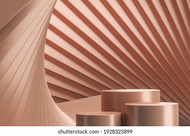 Three champagne step podium, surface zigzag twisted champagne color. abstract background for branding or presentation. 3d rendering