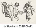 Three cherubs (ca. 1640-1652). Vintage cherub baby angel art drawing illustration, old painting art print of three cute cherub baby kid angel. Black and white illustration.