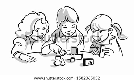 Three children play constructor. Hand drawn sketch.