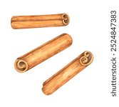 Three cinnamon sticks in brown tones, watercolor illustration perfect for enhancing seasonal menus, holiday invitations, and cozy kitchen decor. Spice Clipart for culinary branding and packaging