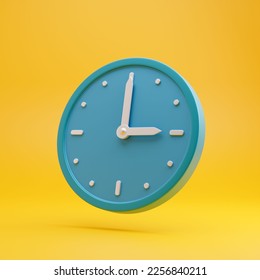 Three o’clock. Circle clock. Concept of time. Analog clock on yellow background. 3d rendering