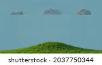 
three clouds over a grass hill and a grassy field, pastel colors, clean, modern cartoonish realistic cloud style with realistic green grass. 3D rendering 