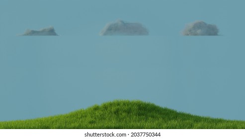 
three clouds over a grass hill and a grassy field, pastel colors, clean, modern cartoonish realistic cloud style with realistic green grass. 3D rendering 