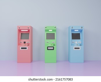 Three Colored ATM Automatic Teller Machine Or ADM Automatic Deposit Machine Located Against The Wall For Financial Online Transaction 3D Rendering Illustration