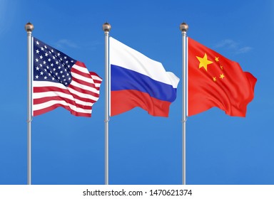 Three Colored Silky Flags In The Wind: USA (United States Of America), Russia And China. 3D Illustration.