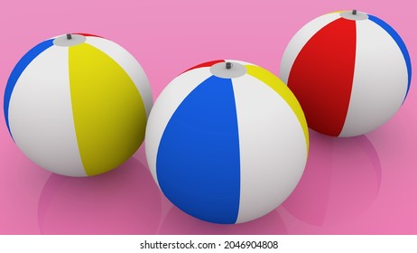 Three Colorful Beach Balls On Pink.3d Illustration
