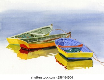 Three Colorful Boats.  Watercolor painting of three colorful Chilean boats tied together in the water with reflections 