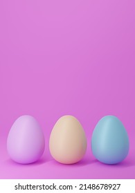 Three Colorful Eggs On A Plain Pink Background(portrait). 3D Render.