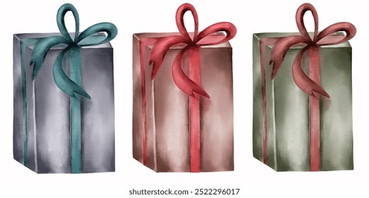 Three colorful gift boxes wrapped with ribbons in varying shades displayed on a simple background