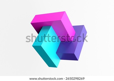 Three colorful rectangular prisms intersecting, forming dynamic and modern abstract composition against white background. Concept of unity or integration.