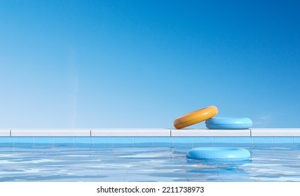 Three colorful rubber rings in a swimming pool. Inflatable summer accessory and sky, empty blue background. Concept of relax and holiday. Copy space. 3D rendering - Powered by Shutterstock