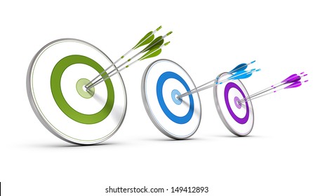 Three Colorful Targets With Arrows Hitting The Center, Concept Image For Achieving Business Objectives 