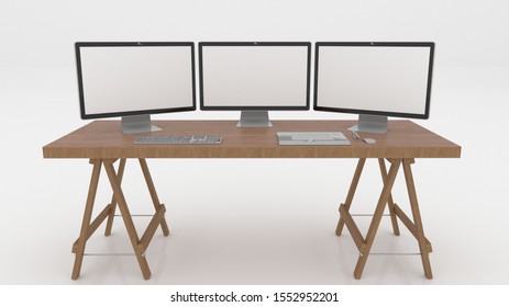 Three computers, keyboards, mouse, pen mouse and computers have blank screens on wooden desks and have a white background. 3D rendering.